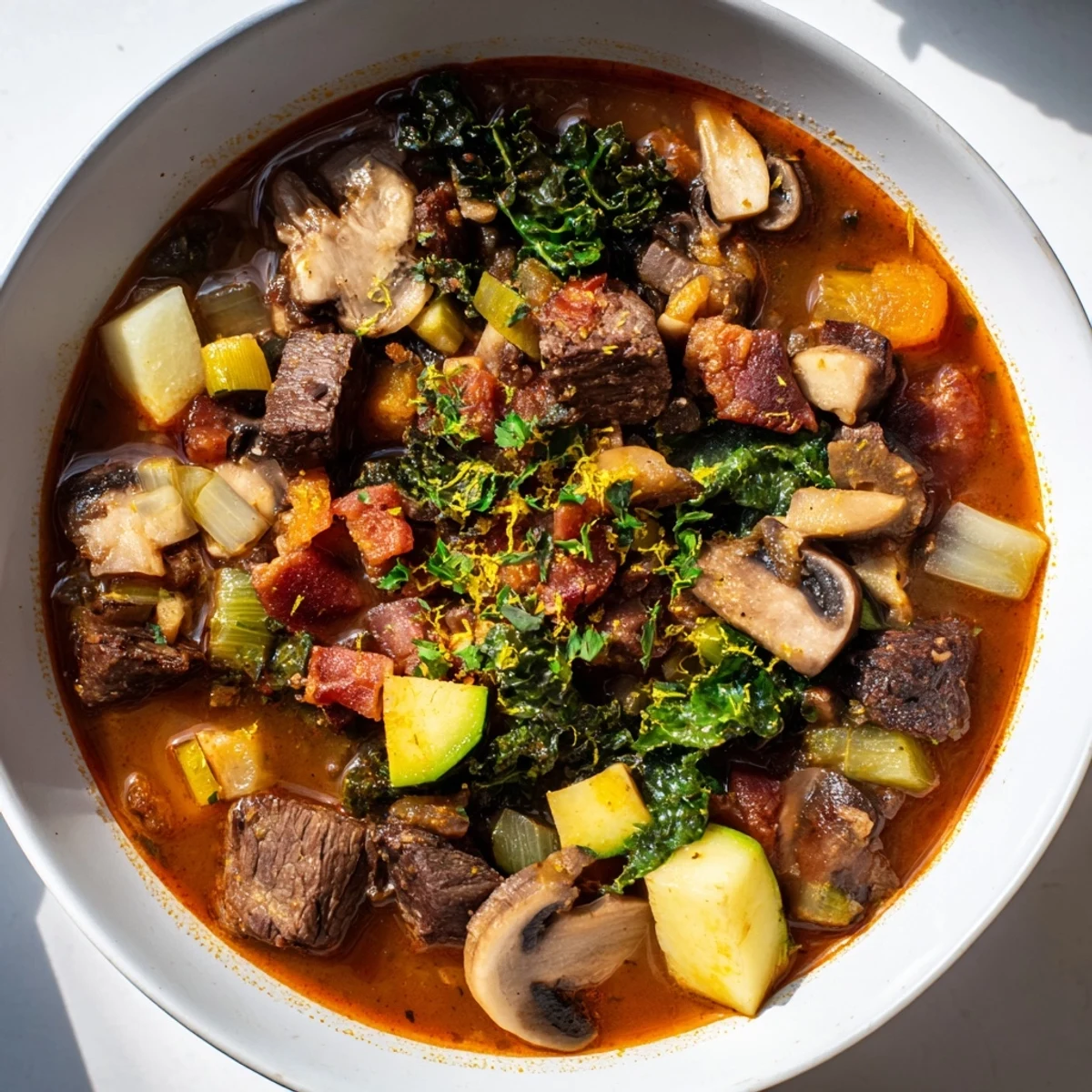 Steaming bowl of Winter Wellness Keto Stew with tender beef and vibrant vegetables, ready to eat.