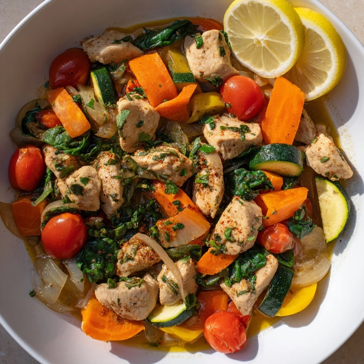 Golden-brown Cozy Evening Low Fat Skillet with tender chicken and vibrant vegetables, ready to serve with fresh parsley.