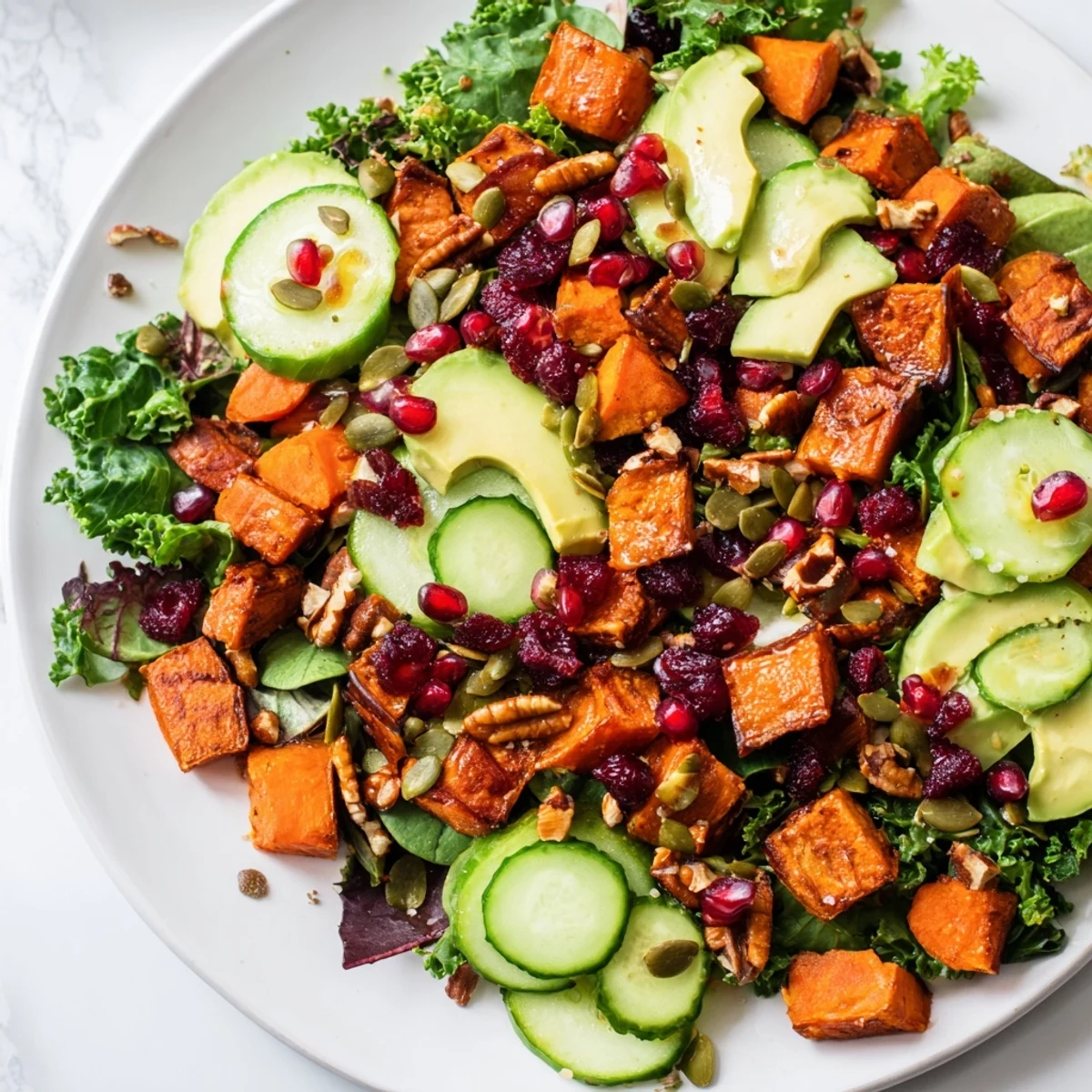Vibrant New Year Paleo Salad boasting roasted sweet potatoes and beets, ready to eat now.