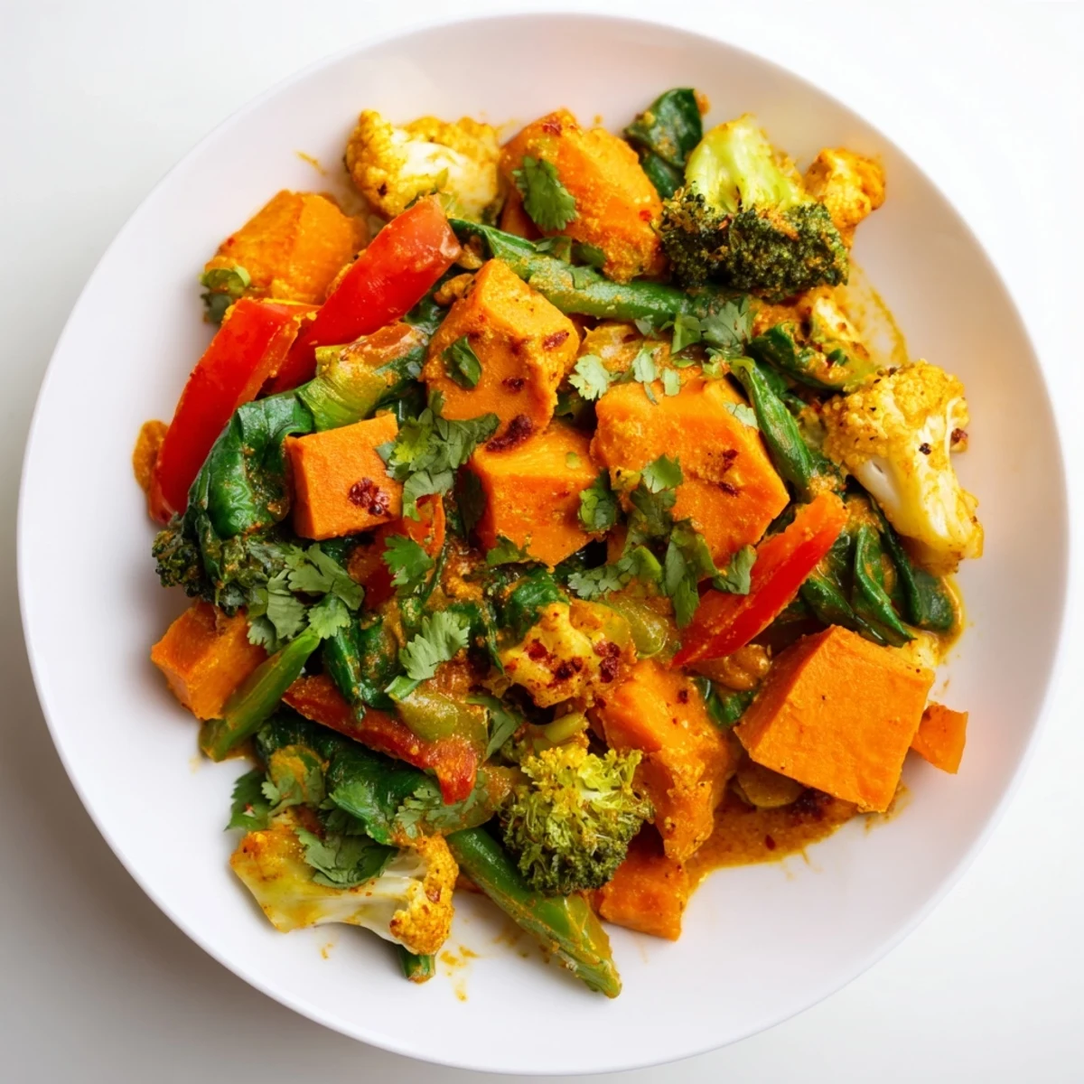 Vibrant and flavorful Winter Wellness Low Fat Curry, with tender vegetables in a creamy coconut broth.