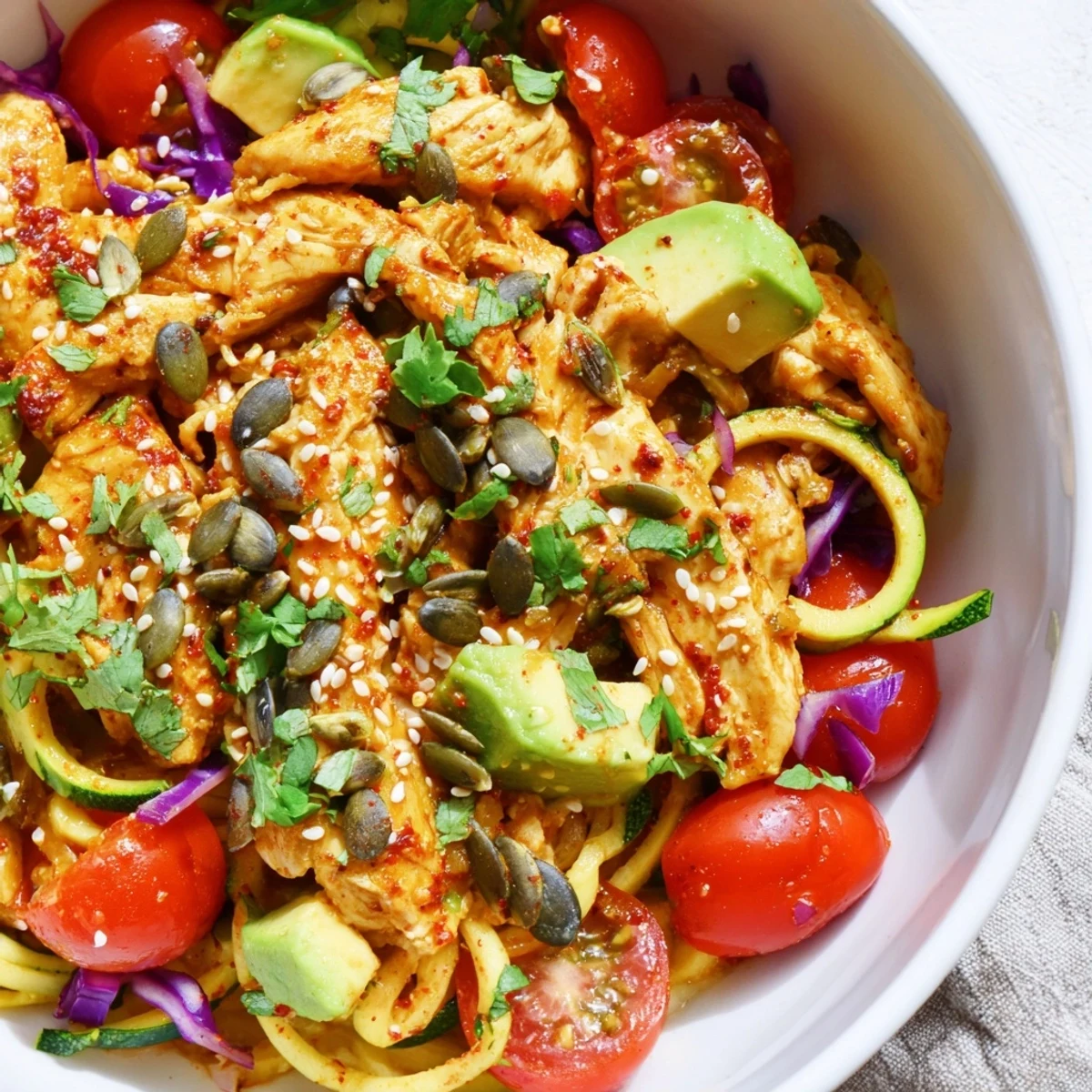 Golden chicken and creamy avocado in a nutritious bowl with shredded cabbage and herbs, showcasing a light, zesty, gluten-free dinner preparation.