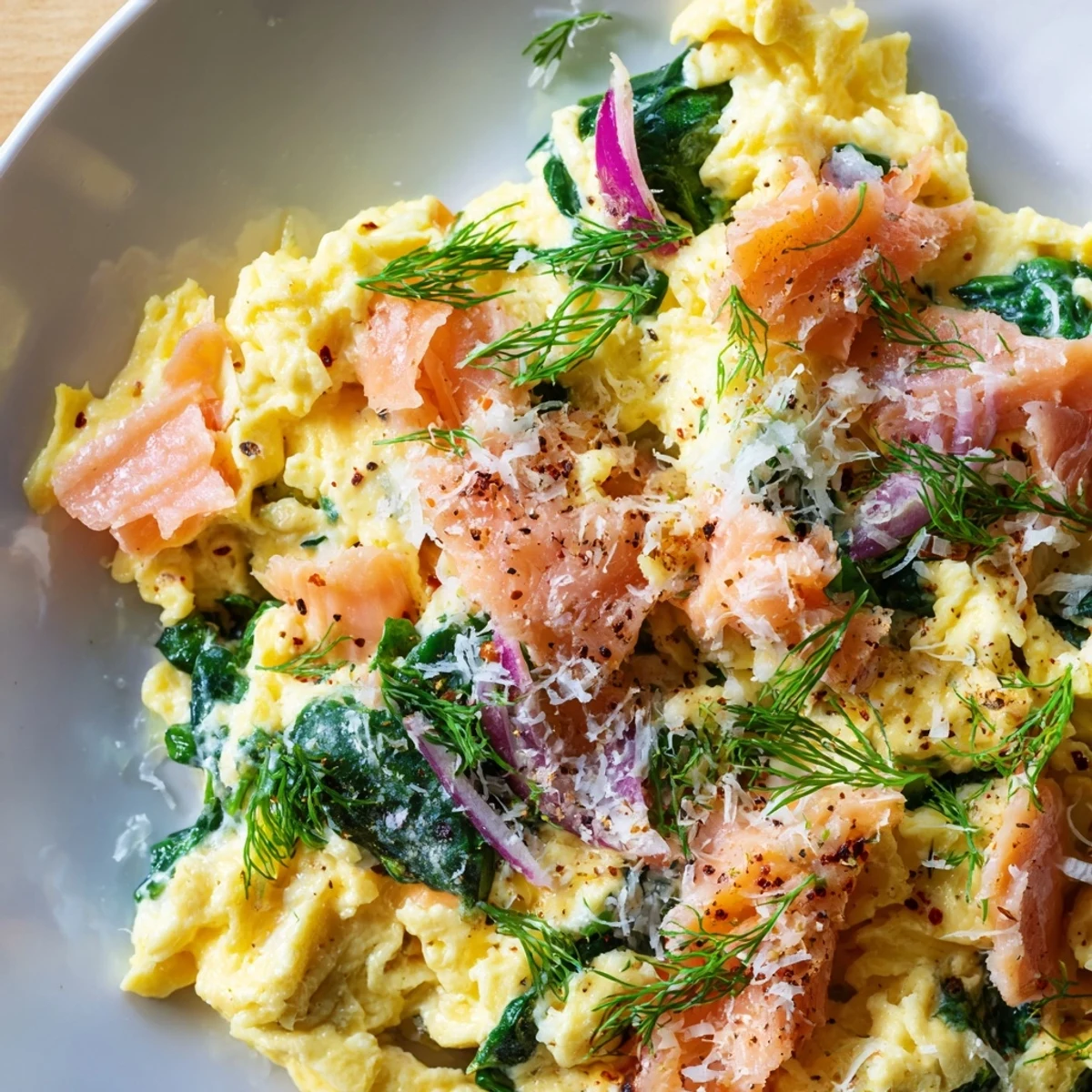 Creamy scrambled eggs with spinach and smoked salmon in a skillet for Frosty Morning Low Carb Main Dish.