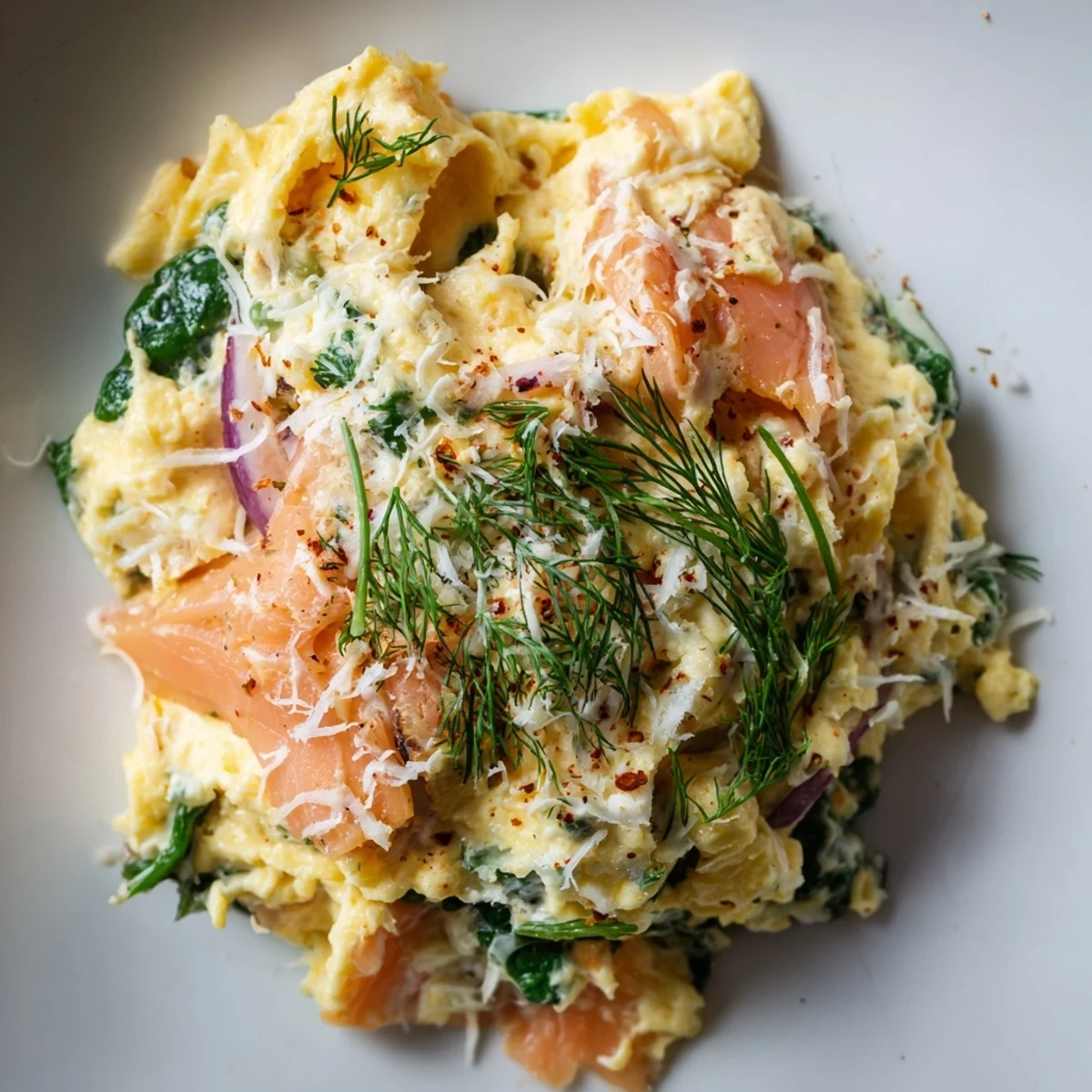 A warm skillet breakfast of Frosty Morning Low Carb Main Dish with cream cheese eggs and smoked salmon for cozy mornings.
