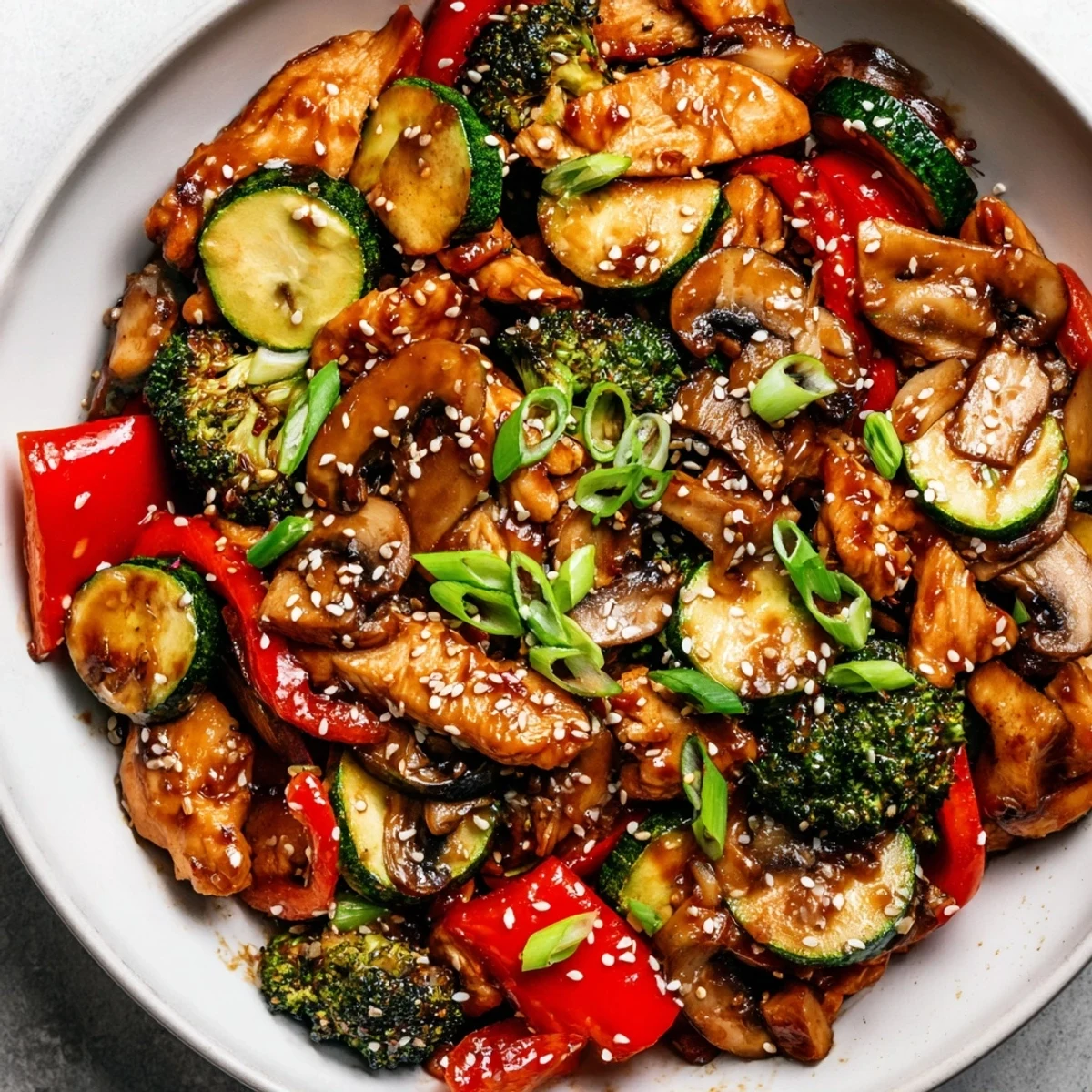 Solstice Keto Stir Fry tossed with broccoli, snow peas, and mushrooms, topped with sesame seeds and sliced green onions.