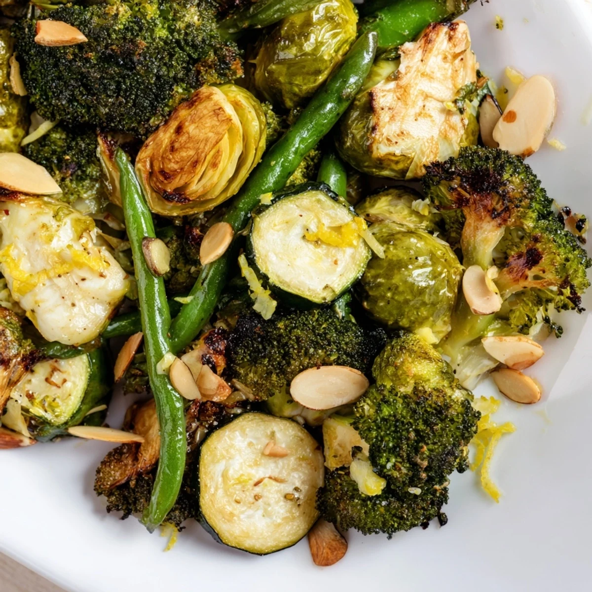 A close-up of golden Evergreen Paleo Roasted Vegetables garnished with fresh parsley and toasted almond slices, steaming slightly.