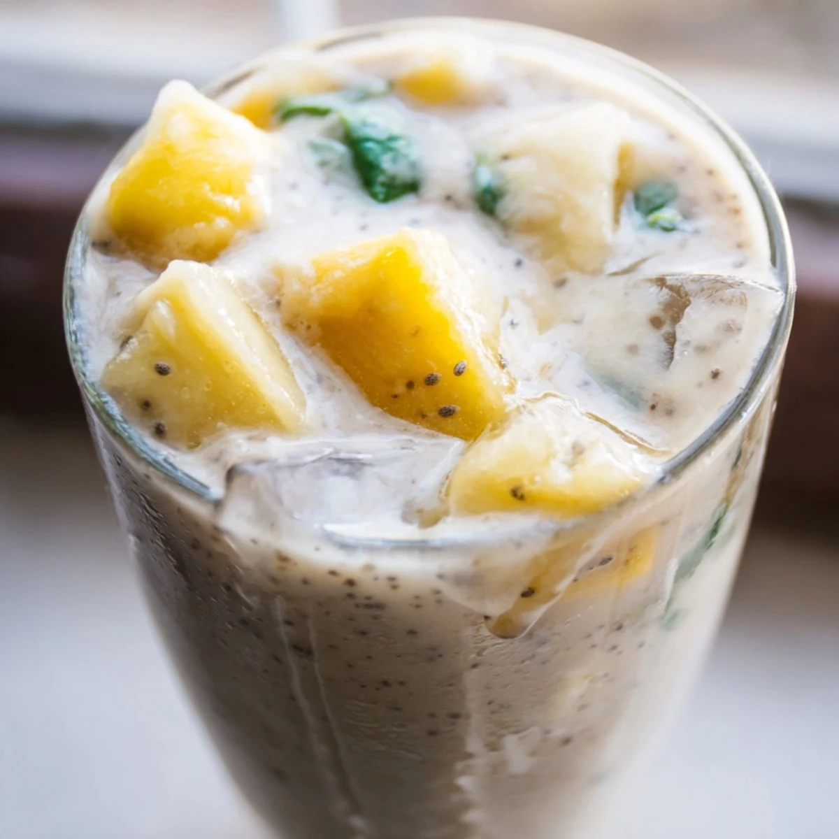 Close-up of a frosty Chilly Breeze Paleo Smoothie with chia seeds visible, a lime wedge nearby, showcasing a refreshing dairy-free breakfast or post-workout drink.