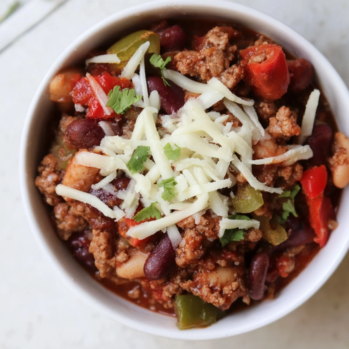 Thick, hearty Snowy Day High Protein Chili with tender ground turkey and colorful peppers simmers in a rustic pot.