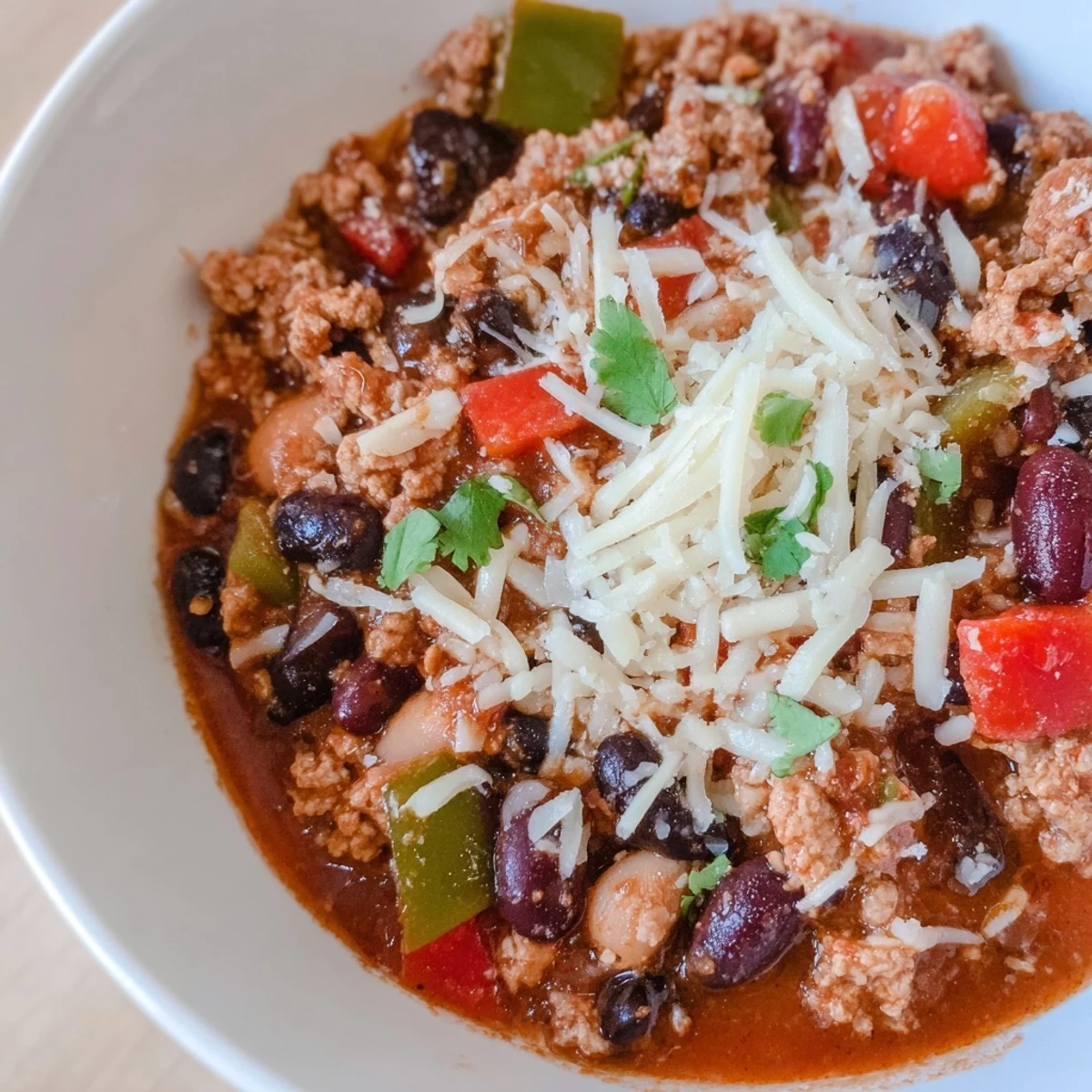 Spoon lifting a rich serving of Snowy Day High Protein Chili, revealing beans and savory broth.