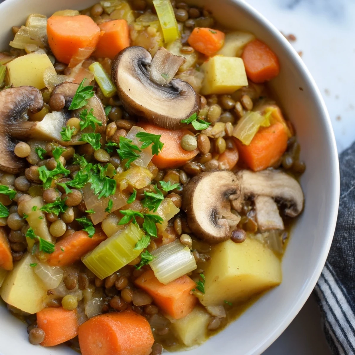 Close-up of the Fireside Vegan Stew showing chunky carrots, potatoes, and mushrooms simmering in a rich, savory tomato-based broth.