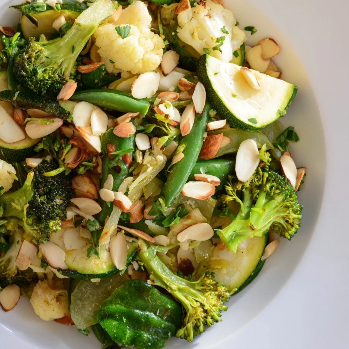 A close-up of Evergreen Low Carb Side Dish on a white platter, showcasing sautéed broccoli, green beans, and zucchini with fresh parsley and toasted almonds.
