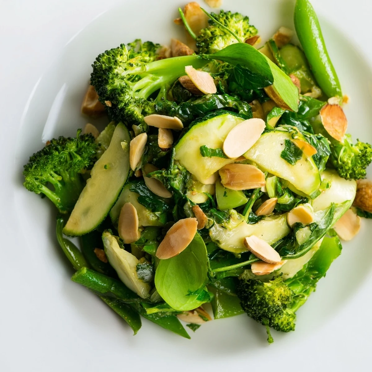 Freshly cooked Evergreen Low Carb Side Dish in a skillet, featuring vibrant green vegetables tossed with garlic, herbs, and a drizzle of lemon juice.