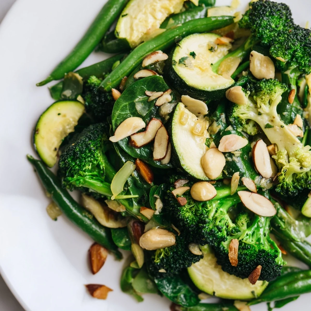 A serving of Evergreen Low Carb Side Dish plated next to grilled chicken, highlighting the tender-crisp texture and bright, herbaceous flavors.