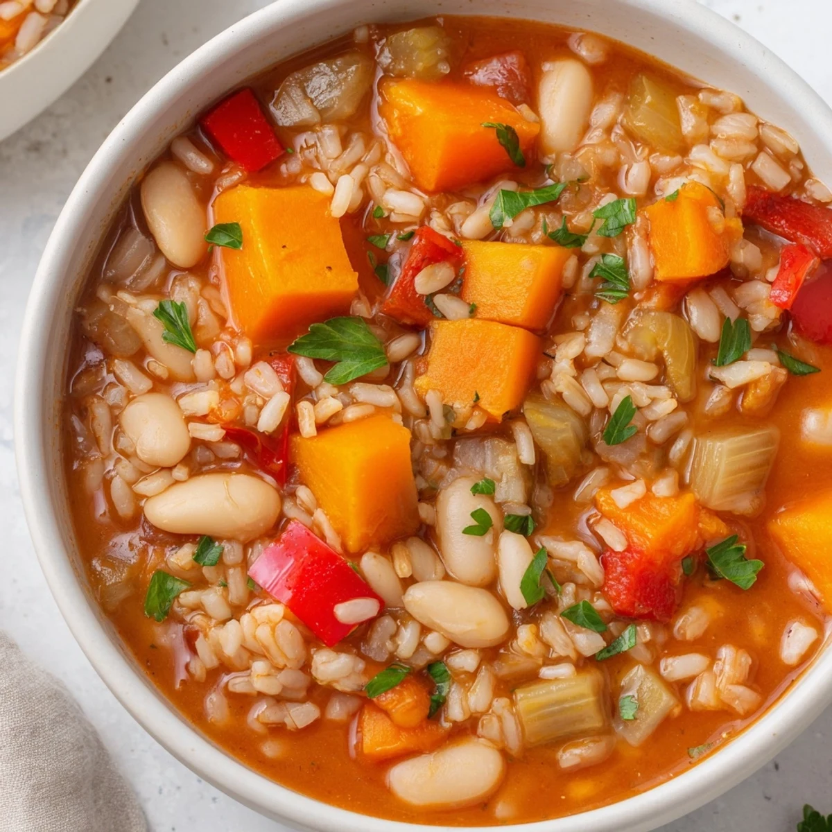 Golden brown Warm Hearth Vegetable & Bean Casserole bubbling in a rustic ceramic dish with fresh parsley garnish.