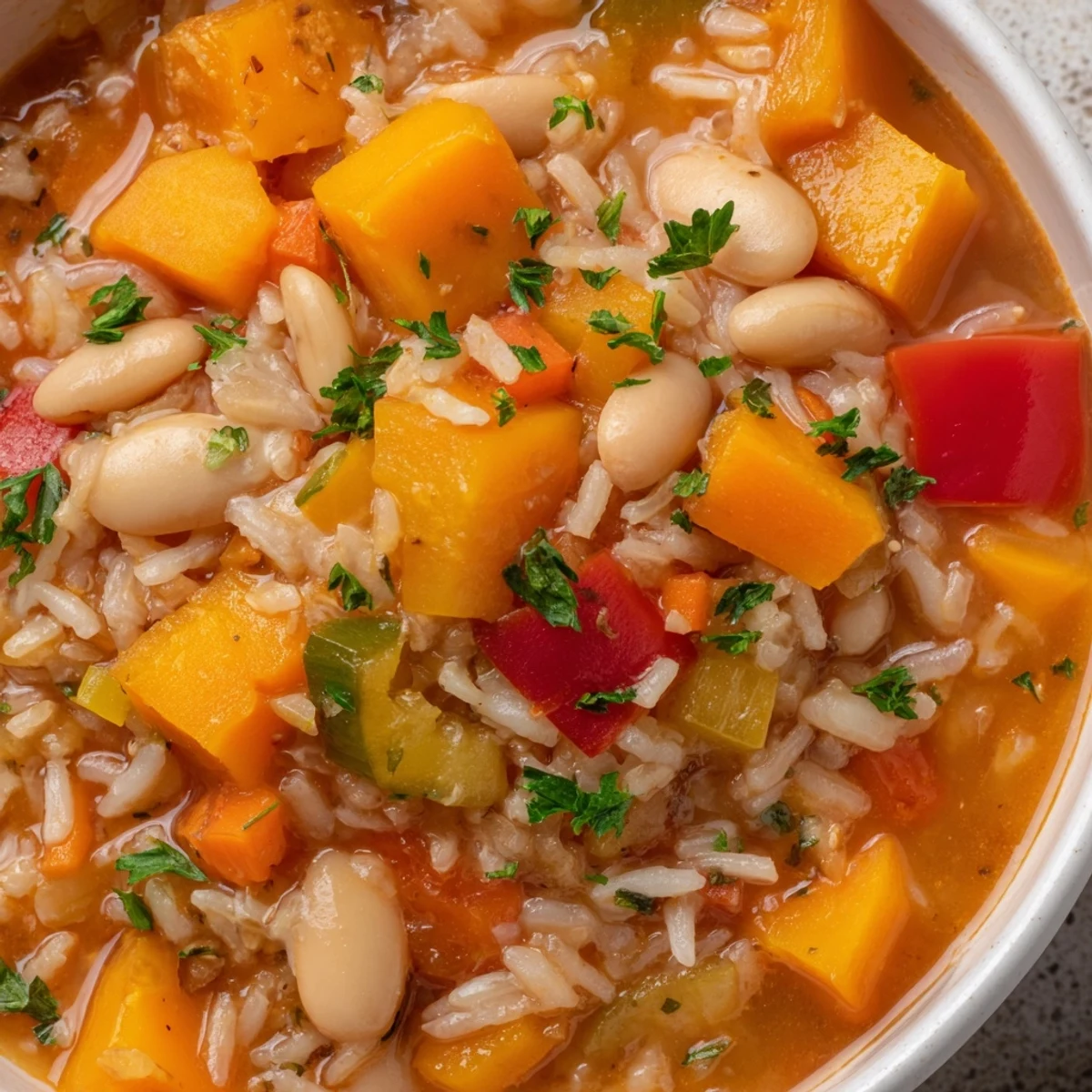 Steam rises from the savory Warm Hearth Vegetable & Bean Casserole revealing tender squash and creamy beans.