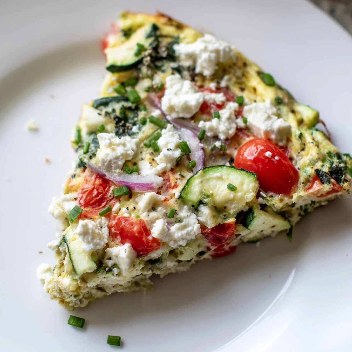 Golden-baked Solstice Low Carb Frittata with feta and cherry tomatoes, served warm from the oven.