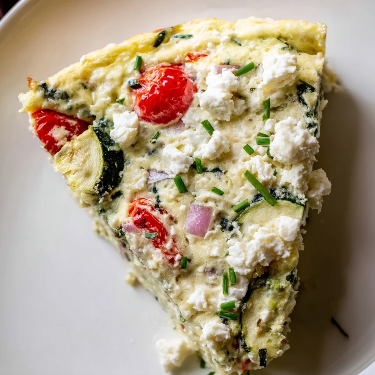Sliced wedge of Solstice Low Carb Frittata on a plate with a salad, ideal for brunch.