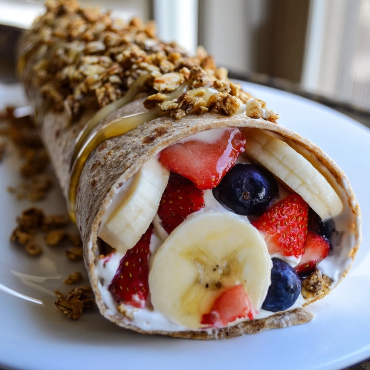 Freshly rolled Frosty Morning Low Fat Wraps filled with creamy Greek yogurt, sliced bananas, and vibrant strawberries.