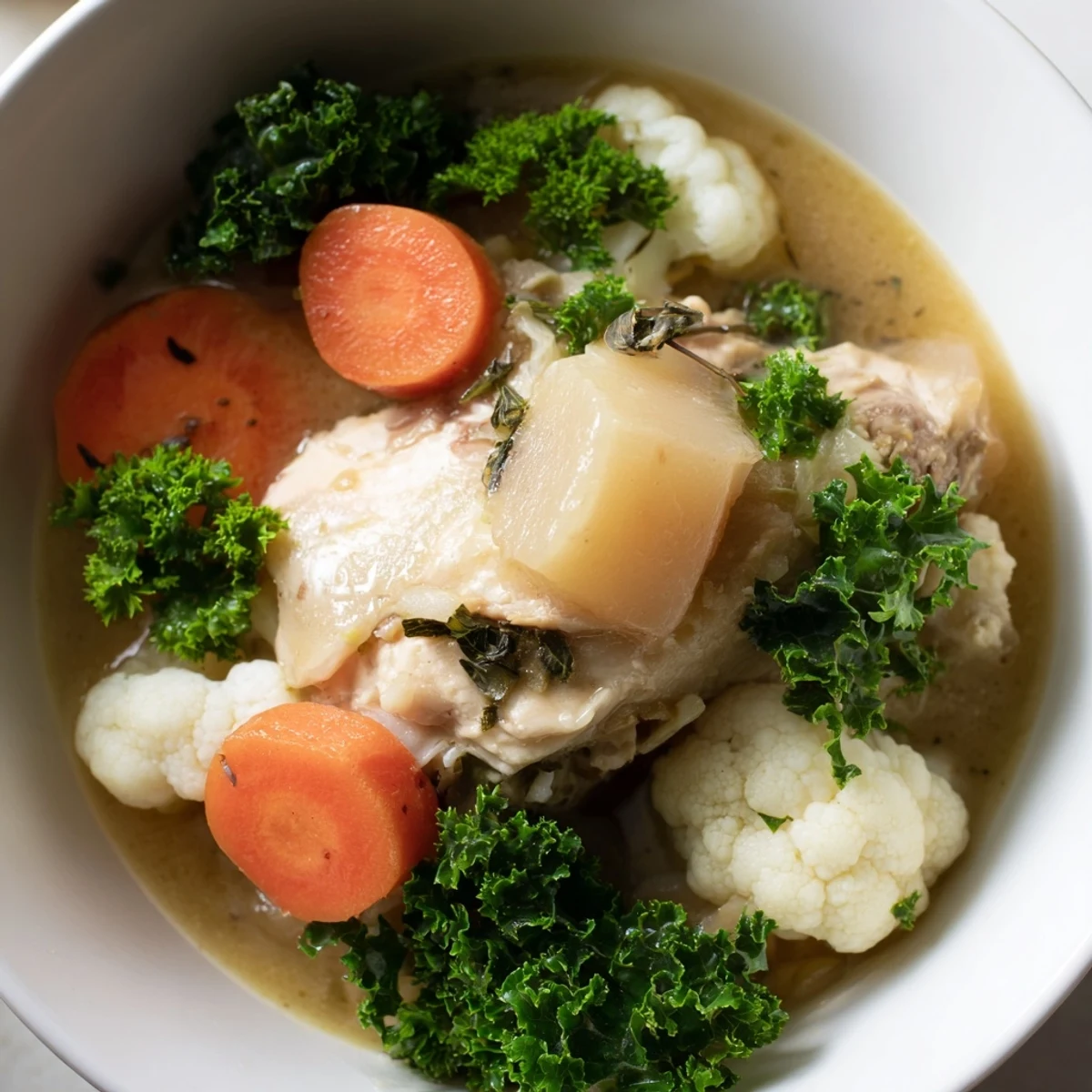 Fork-tender chicken and vibrant kale in a steaming bowl of Winter Harvest Low Carb Stew, perfect for cozy dinners.