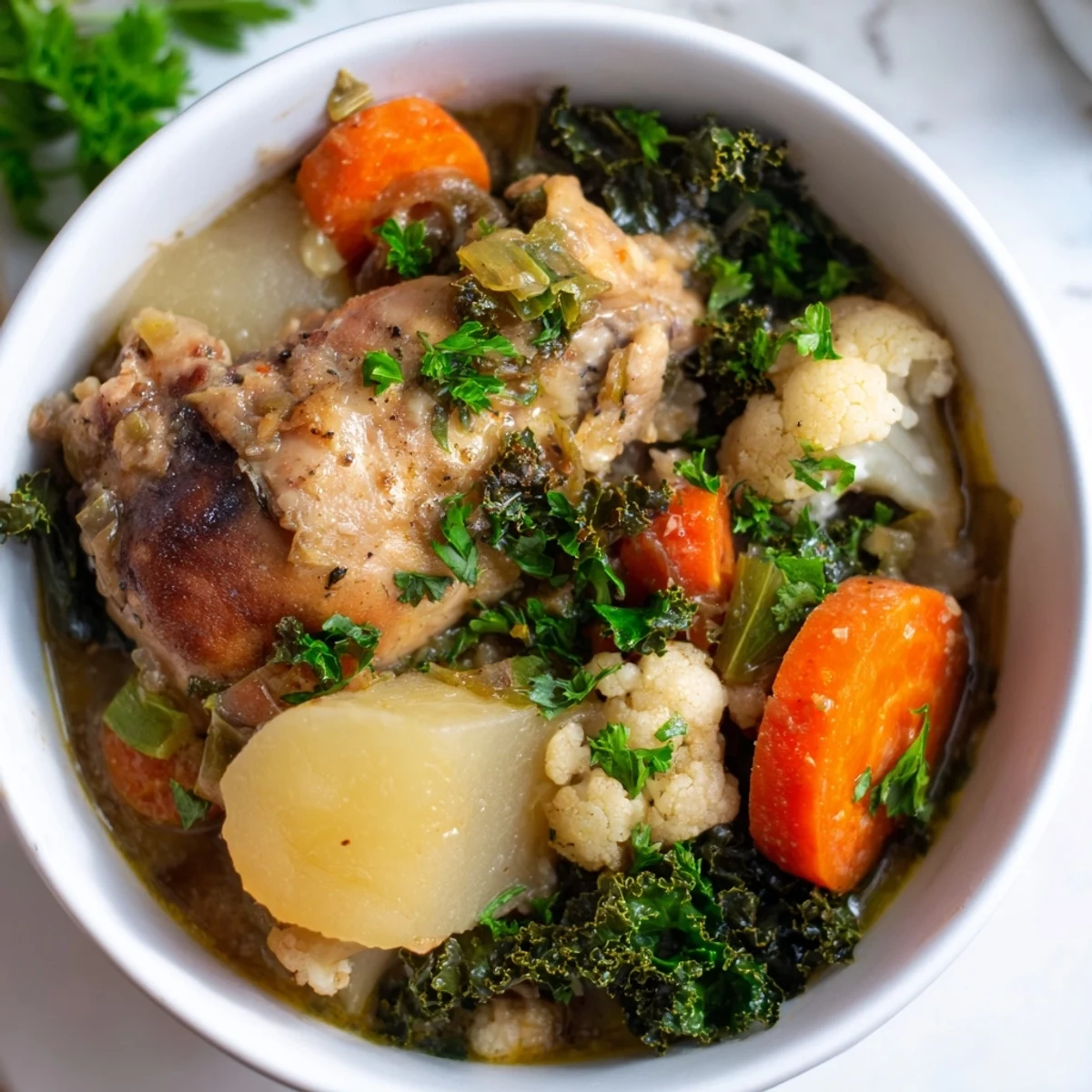 Chunky rutabaga and cauliflower florets glisten in this rustic Winter Harvest Low Carb Stew served alongside fresh herbs.