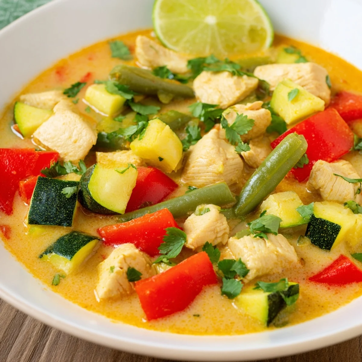Steaming Crisp Air Low Carb Curry simmering in a pot, featuring zucchini, red bell pepper, and green beans in coconut milk.