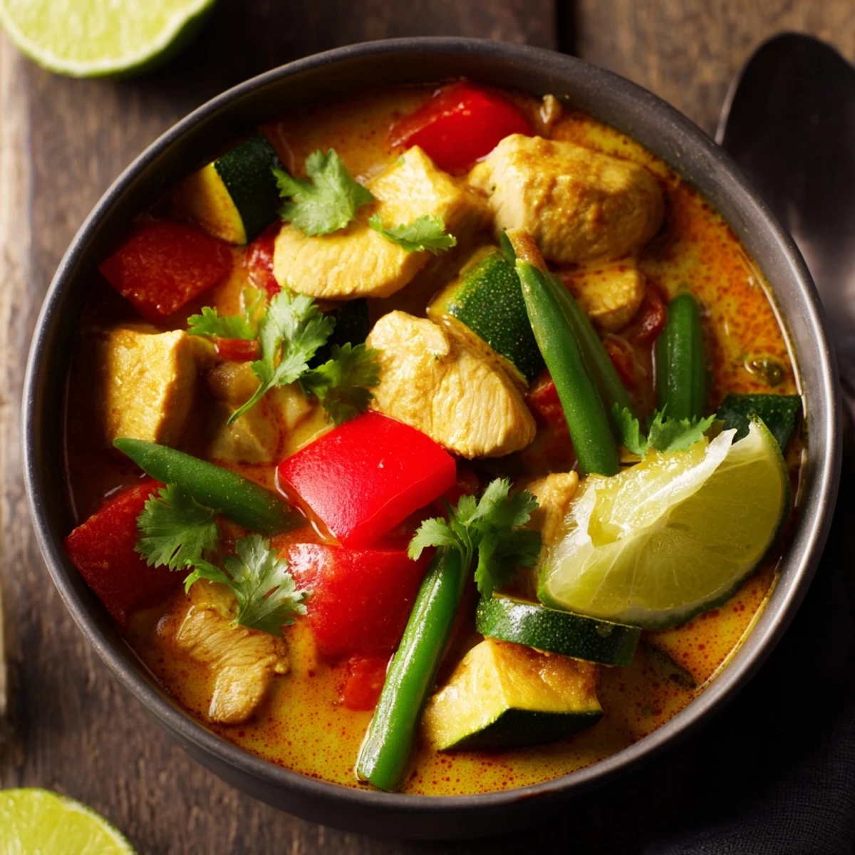 Healthy Crisp Air Low Carb Curry in a serving bowl, garnished with chopped cilantro, ready to enjoy with cauliflower rice.