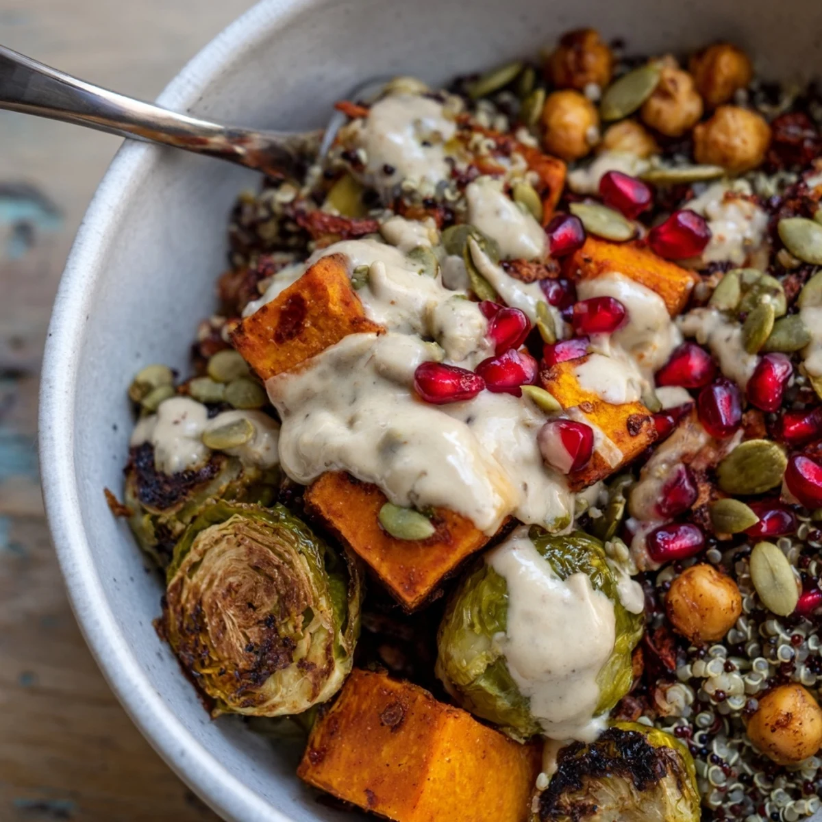 Fireside Vegan Bowl with roasted vegetables, chickpeas, and pepitas, drizzled with creamy smoky tahini dressing.
