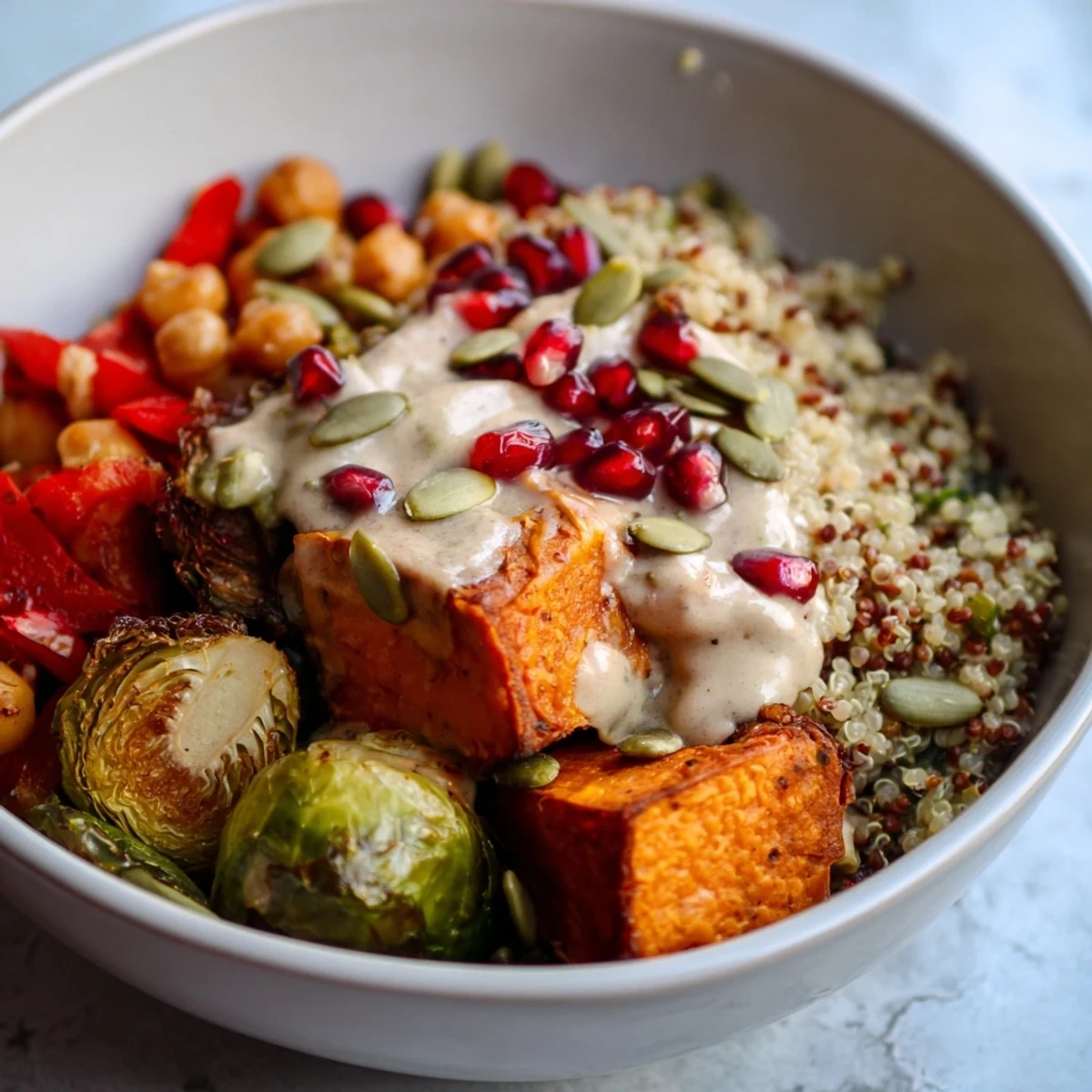 A warm bowl of Fireside Vegan Bowl, featuring smoky roasted sweet potatoes and Brussels sprouts over quinoa.