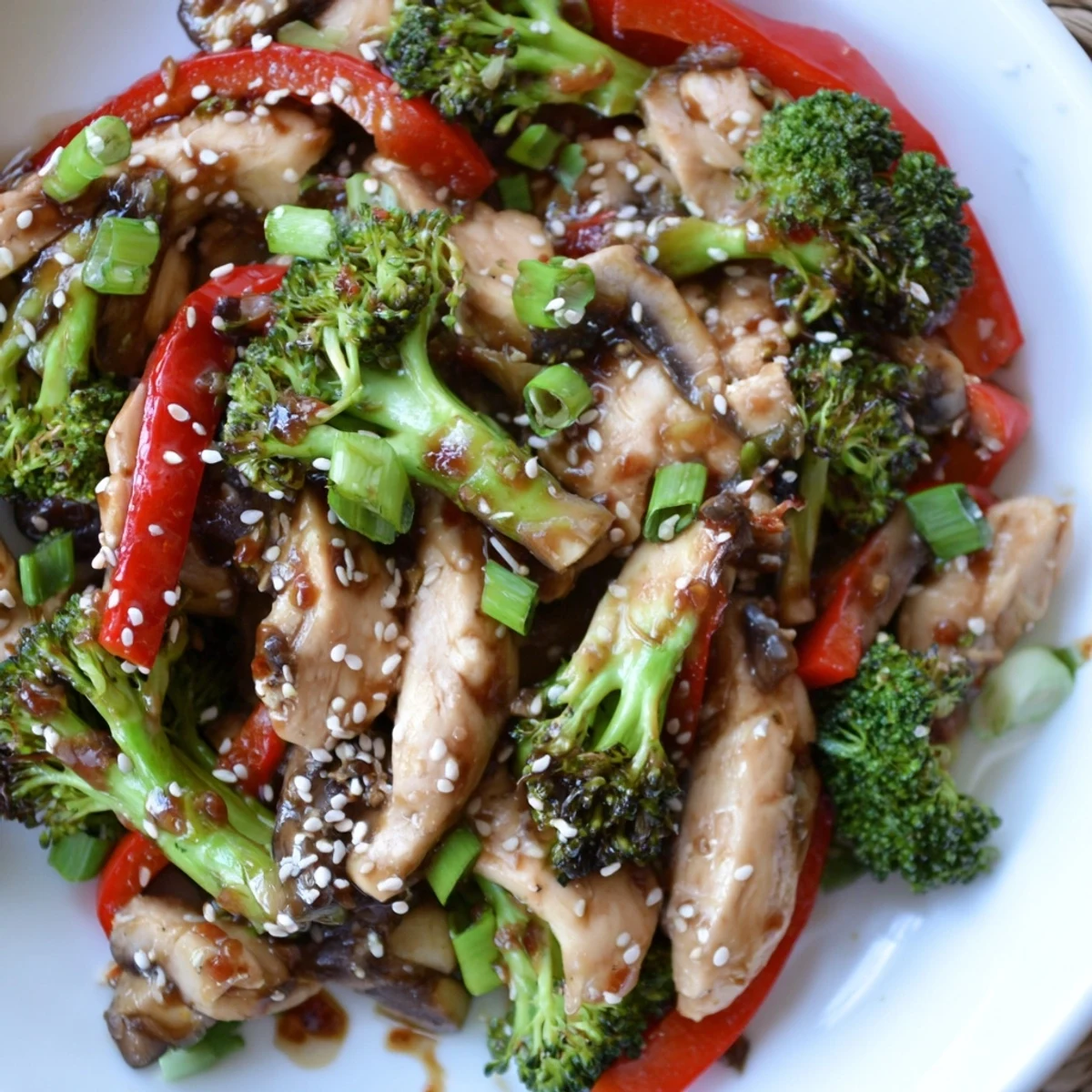 Plate of Winter Wellness Paleo Stir Fry garnished with green onions and sesame seeds.