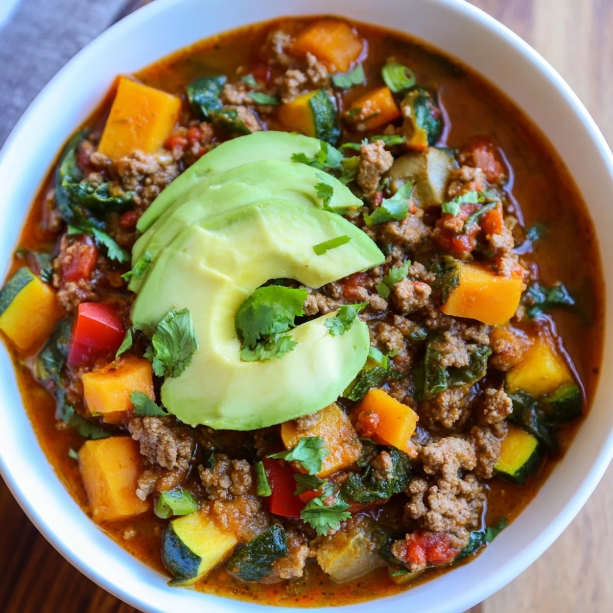 Seasonal Glow Paleo Chili steaming in a rustic bowl, topped with creamy avocado slices and fresh cilantro.