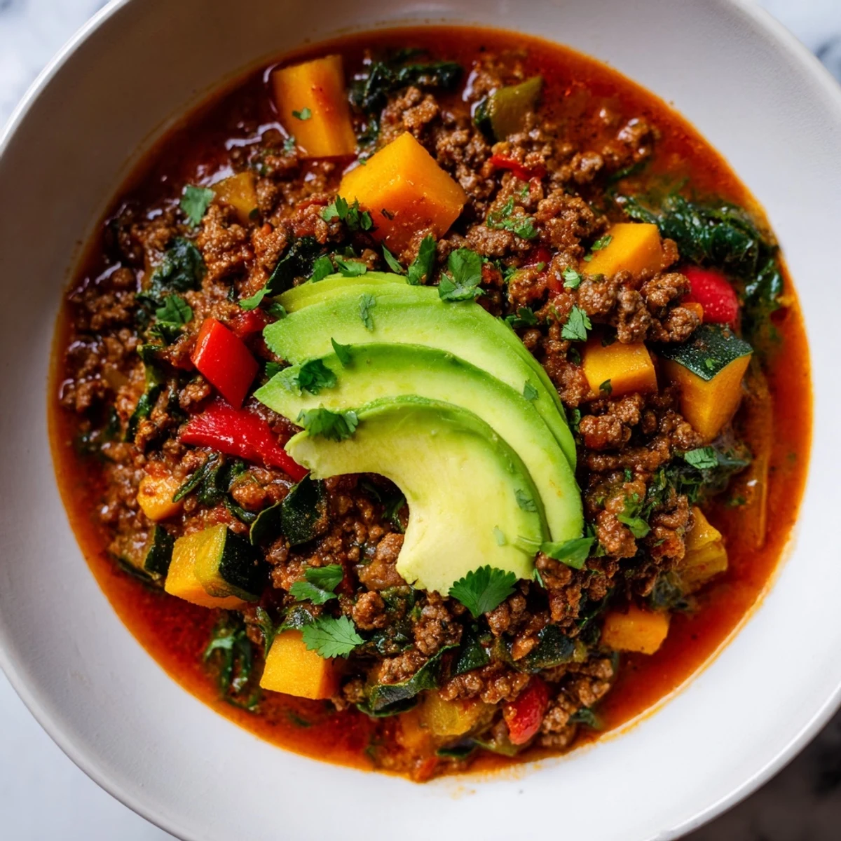 A hearty bowl of Seasonal Glow Paleo Chili packed with colorful sweet potato and bell pepper.