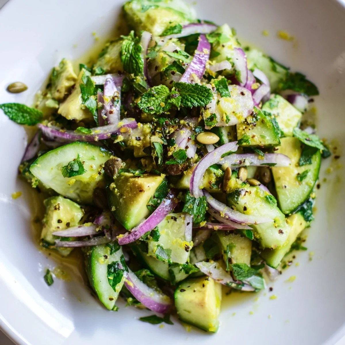 Chilly Breeze Keto Side Dish in a white bowl with diced cucumber, avocado, and a lemon-herb dressing.