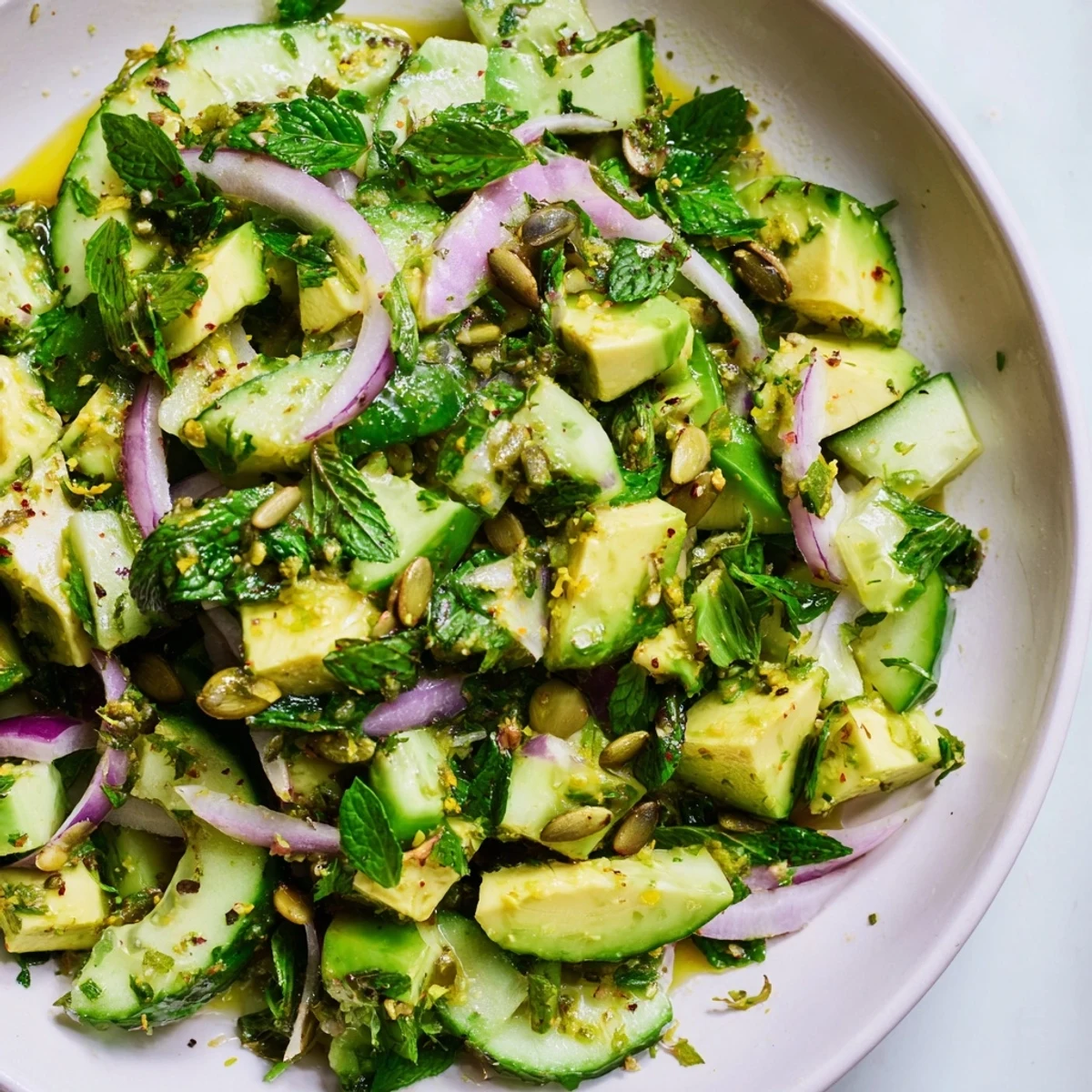 Bright bowl of Chilly Breeze Keto Side Dish topped with crunchy pumpkin seeds, mint, and parsley.