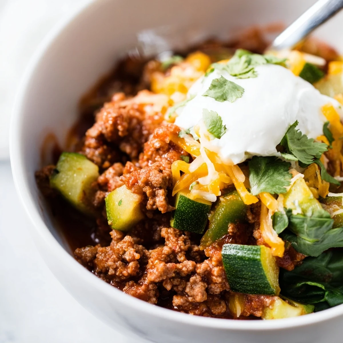 Steaming bowl of Evergreen Keto Chili topped with melted cheddar and a dollop of sour cream.