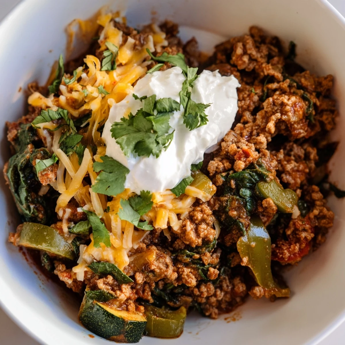 Spoon lifting a serving of Evergreen Keto Chili from a rustic pot, featuring ground beef and green veggies.