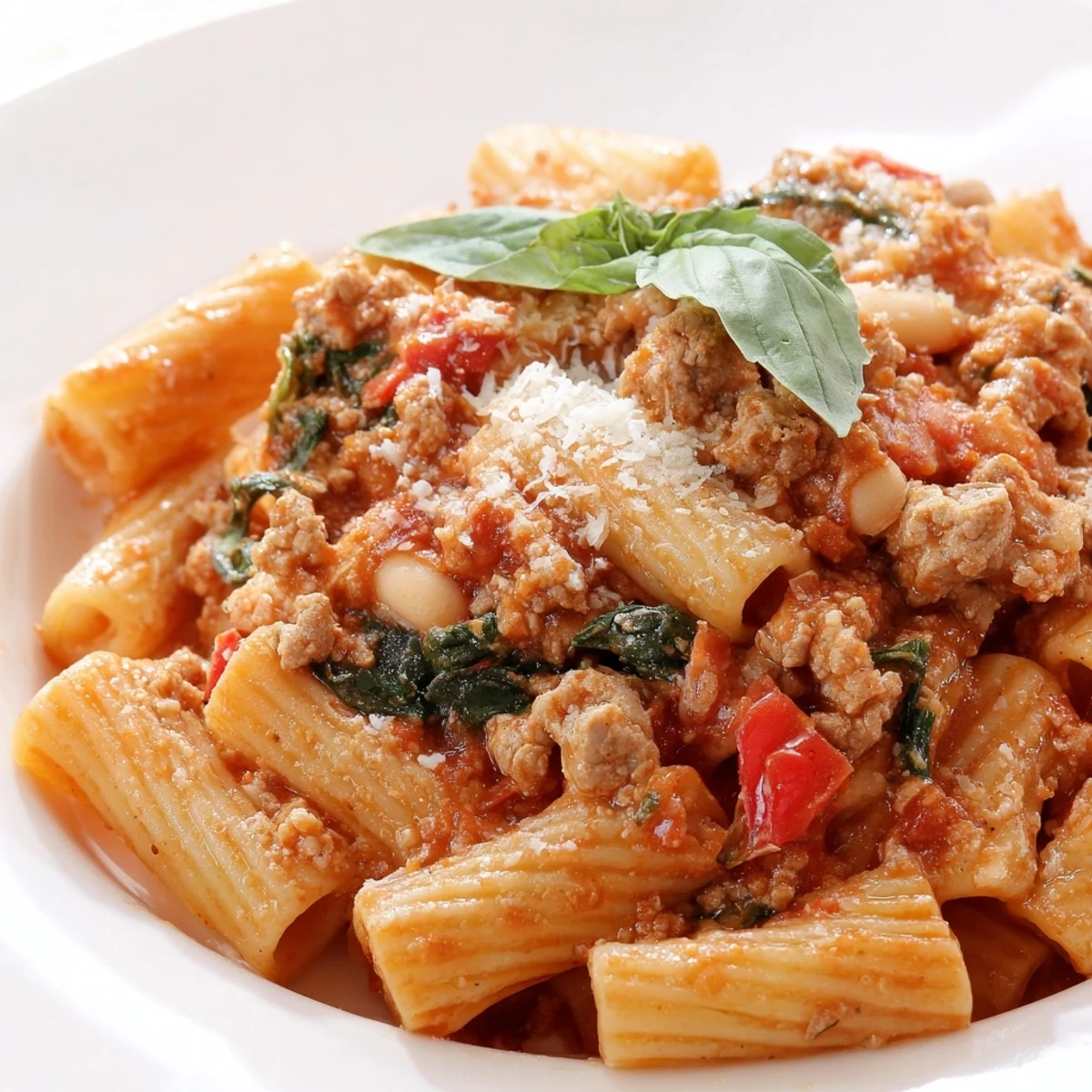 Two serving bowls of Warm Hearth High Protein Pasta topped with fresh basil and grated Parmesan cheese.
