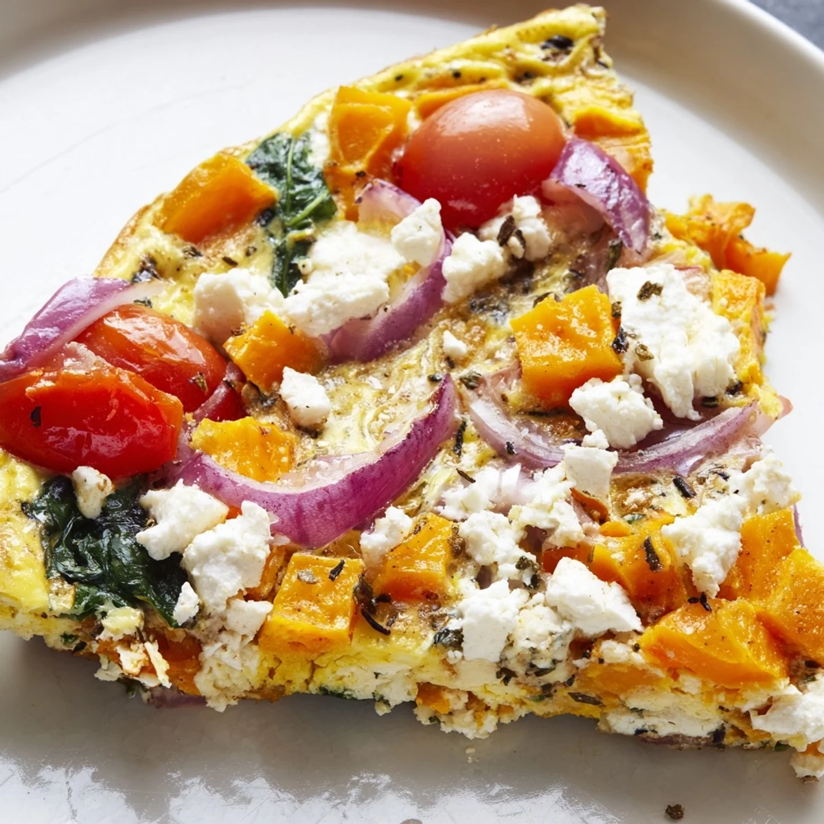 Freshly baked Winter Wellness Low Fat Frittata in a skillet, featuring vibrant red bell peppers and cherry tomatoes.