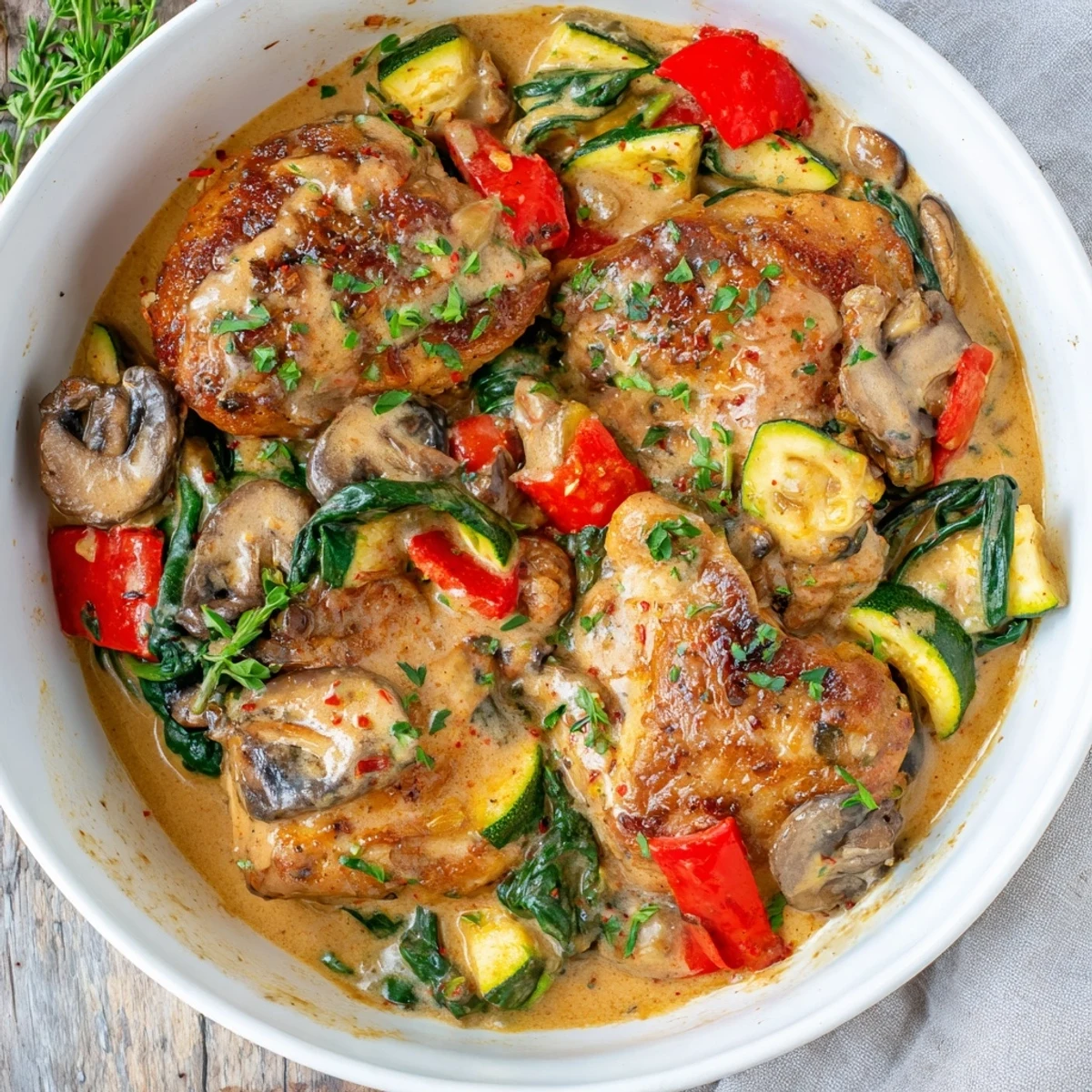 A close-up view shows tender chicken, zucchini, and mushrooms coated in a rich, savory sauce.