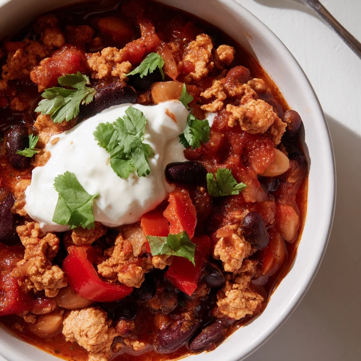 Spoon lifting savory Frosty Morning High Protein Chili, served with green onions and sour cream garnish.