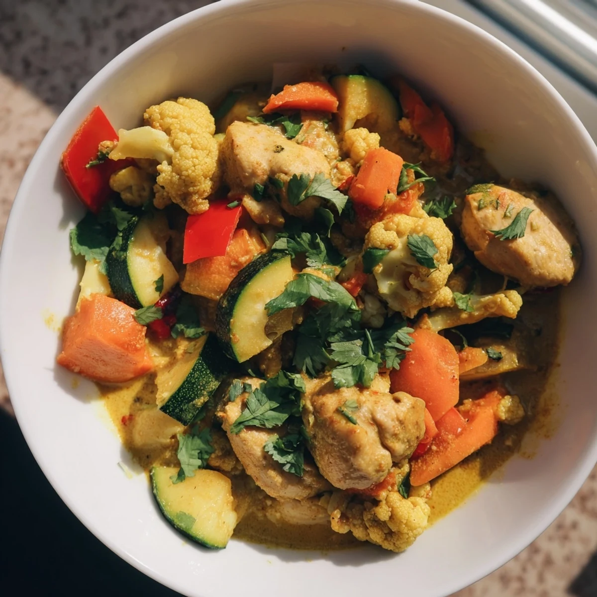 Close-up of Warm Hearth Paleo Curry with tender chicken, vibrant vegetables, and cilantro garnish.
