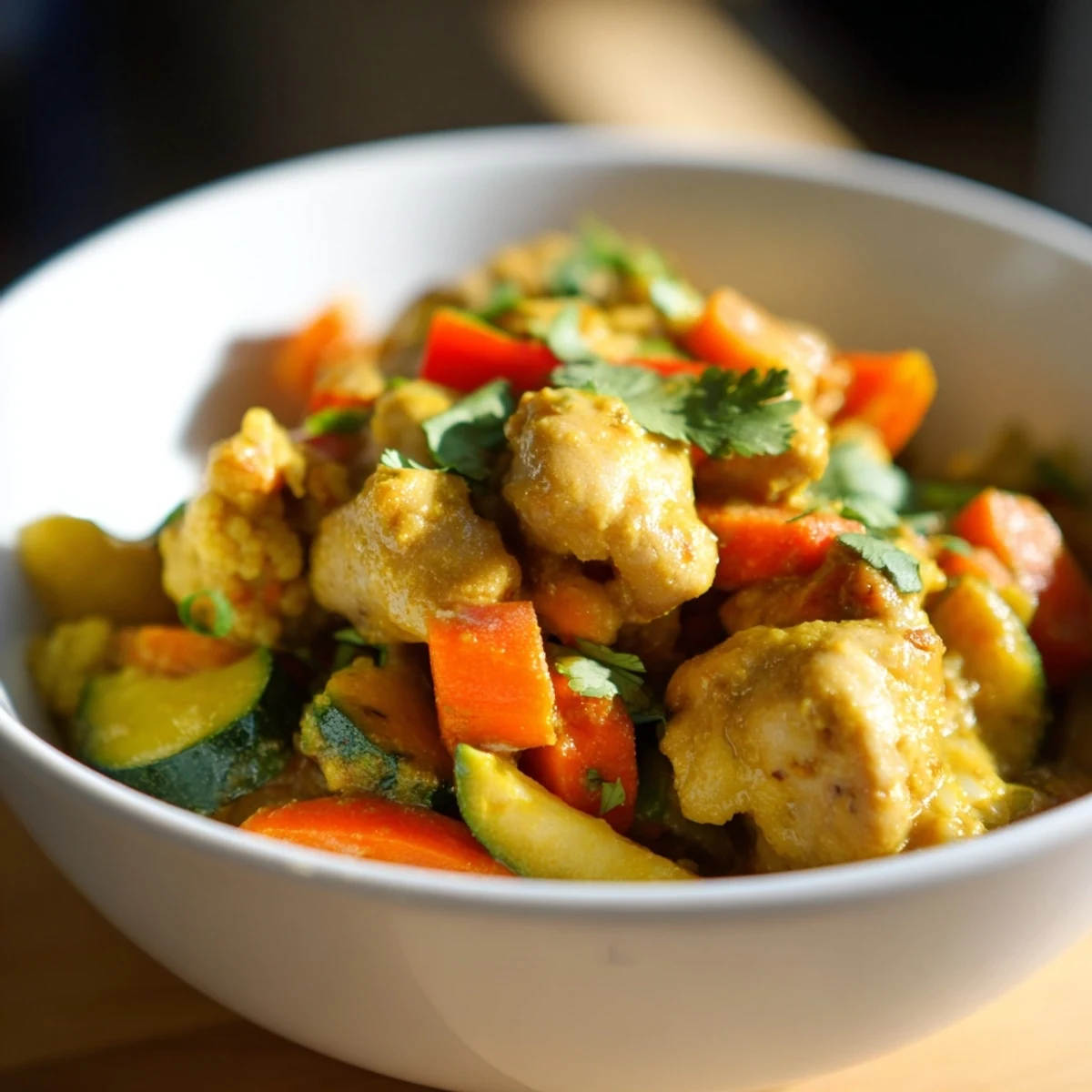 Warm Hearth Paleo Curry simmering in a Dutch oven with coconut milk and spices.