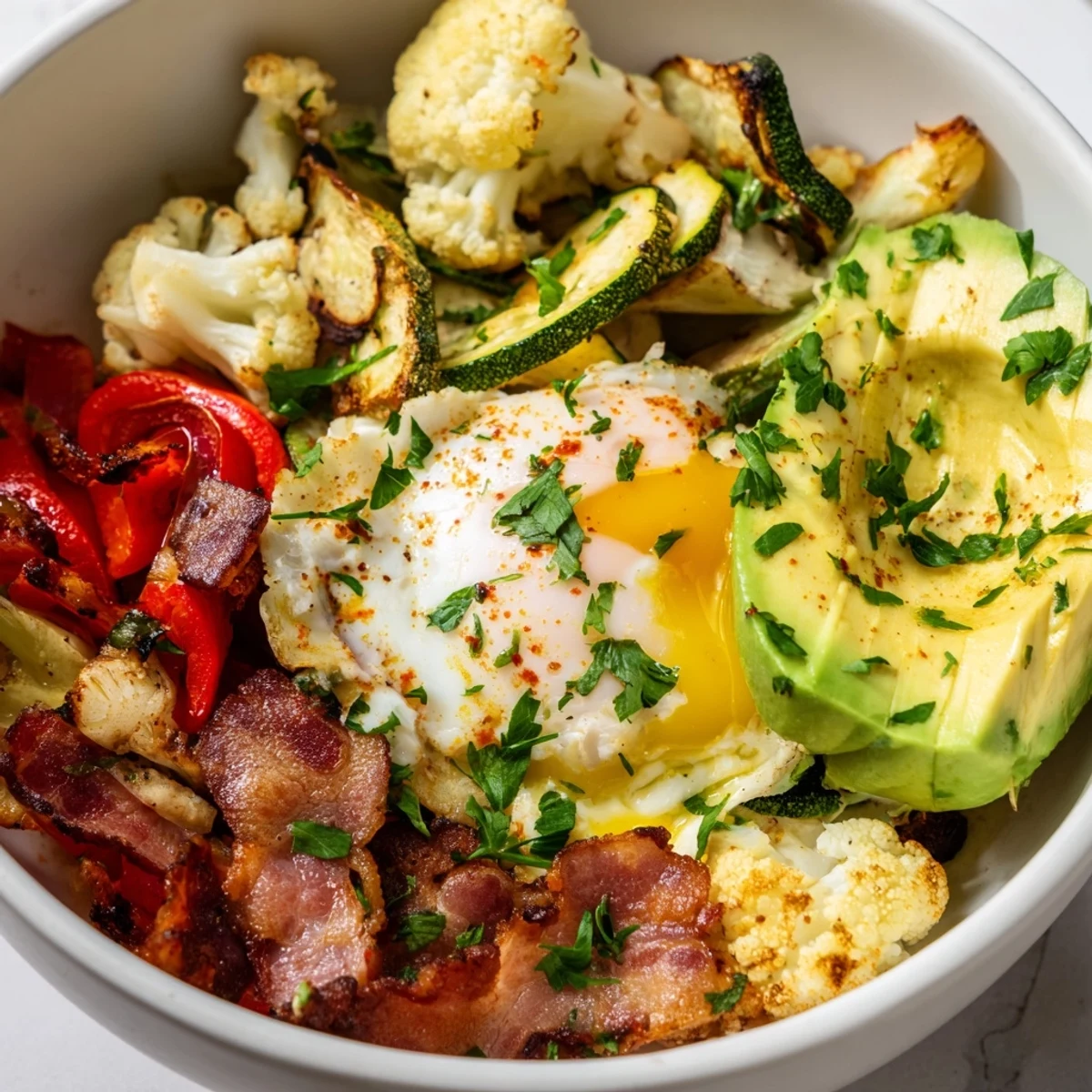 Golden roasted zucchini, red bell pepper, and cauliflower on a baking sheet for Fireside Keto Salad