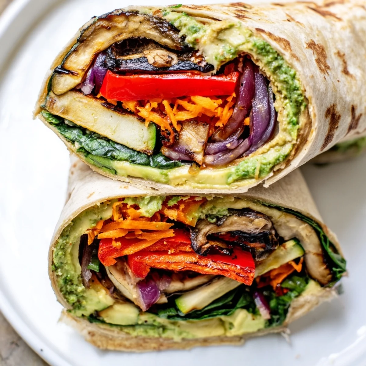 Freshly grilled Fireside Vegan Wrap sliced in half on a wooden board, revealing colorful veggies and creamy hummus.