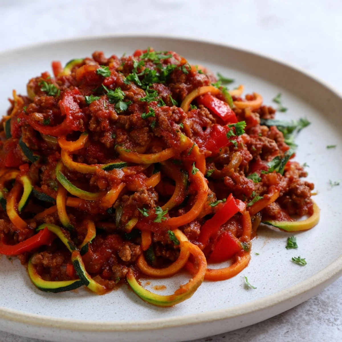 Steaming, paleo-friendly Snowy Day Paleo Pasta with spiralized zucchini and carrots topped with rich meat sauce.