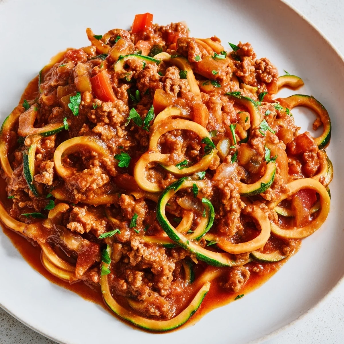 Hearty bowl of Snowy Day Paleo Pasta, vibrant vegetable noodles and tomato meat sauce ready to serve.