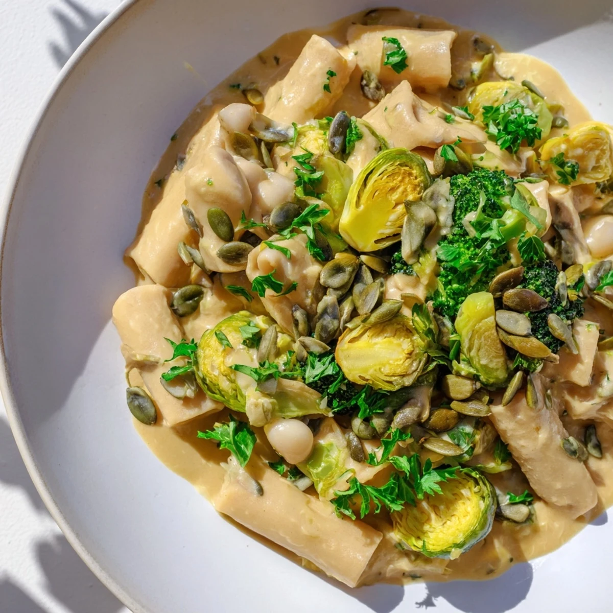 Creamy Winter Garden High Protein Pasta features roasted broccoli and Brussels sprouts tossed in a herbed ricotta sauce.