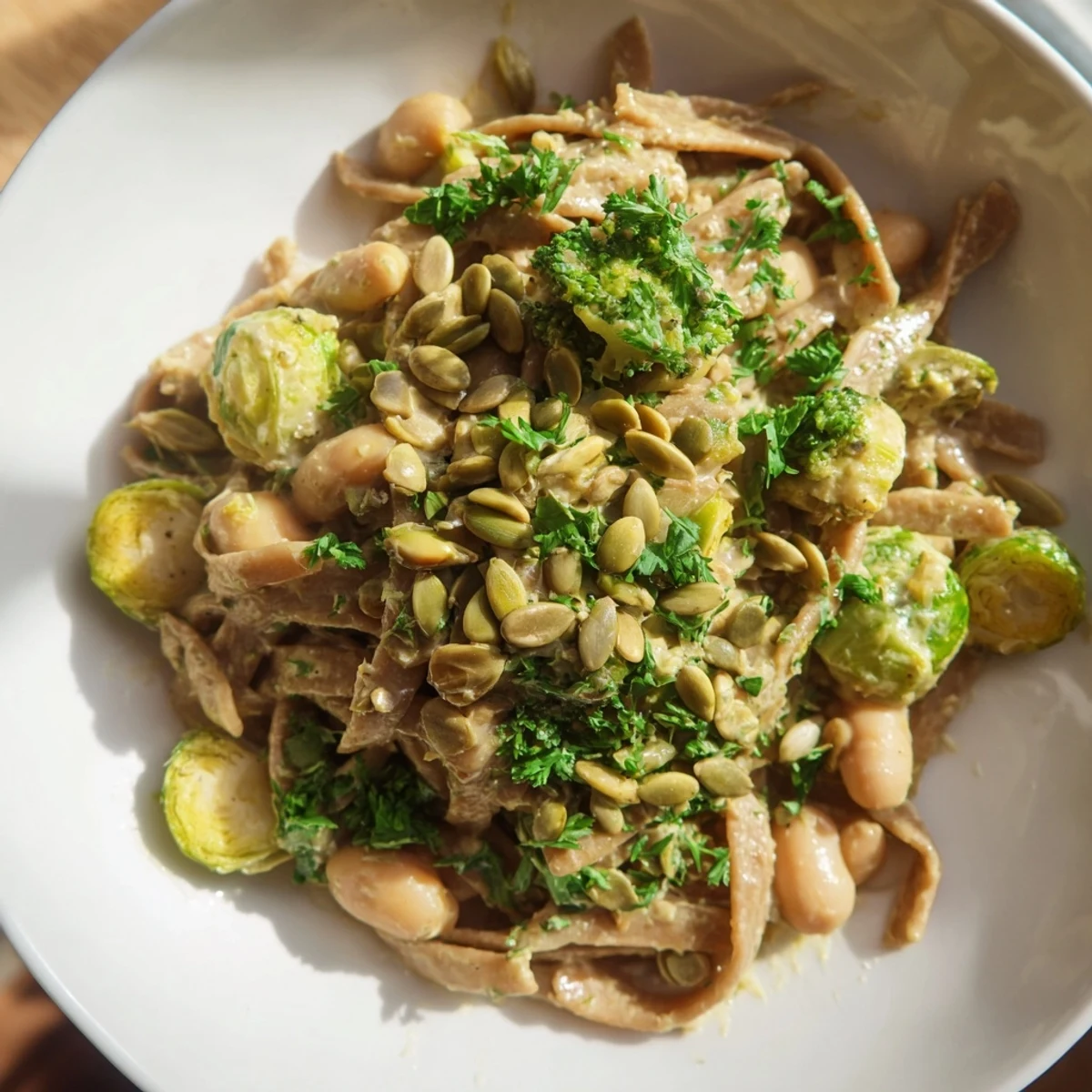A close-up of Winter Garden High Protein Pasta, topped with toasted pumpkin seeds and fresh parsley, served steaming hot.