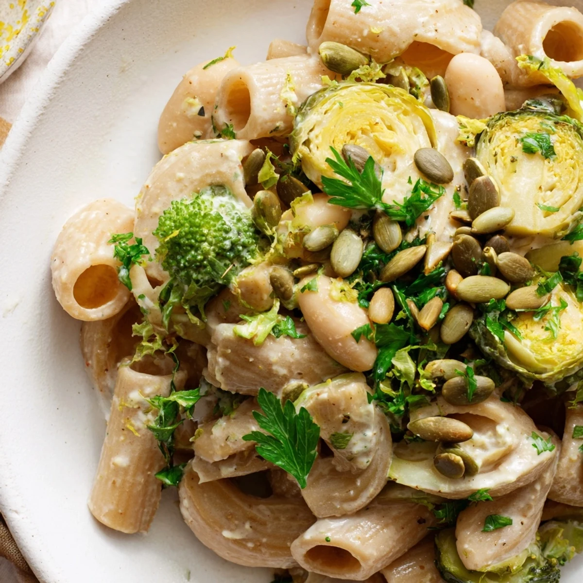 Steaming bowl of Winter Garden High Protein Pasta with kale, carrots, and cannellini beans, perfect for a healthy weeknight dinner.