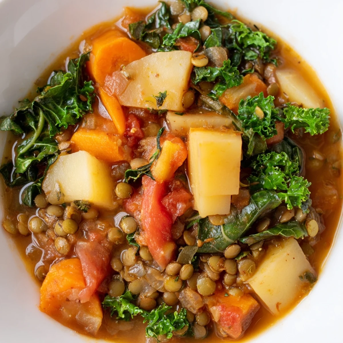 A steaming bowl of Cozy Evening Vegan Soup showcases colorful carrots, kale, and lentils beside crusty bread.