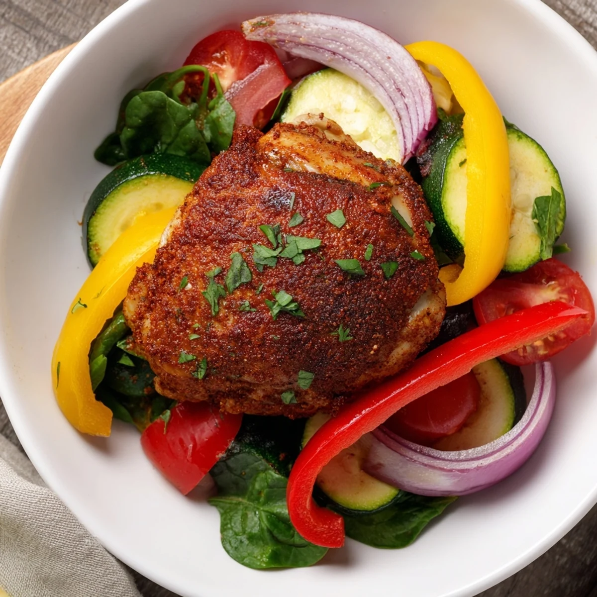 Golden-brown chicken thighs nestled in a New Year Paleo Skillet with sautéed bell peppers and zucchini.