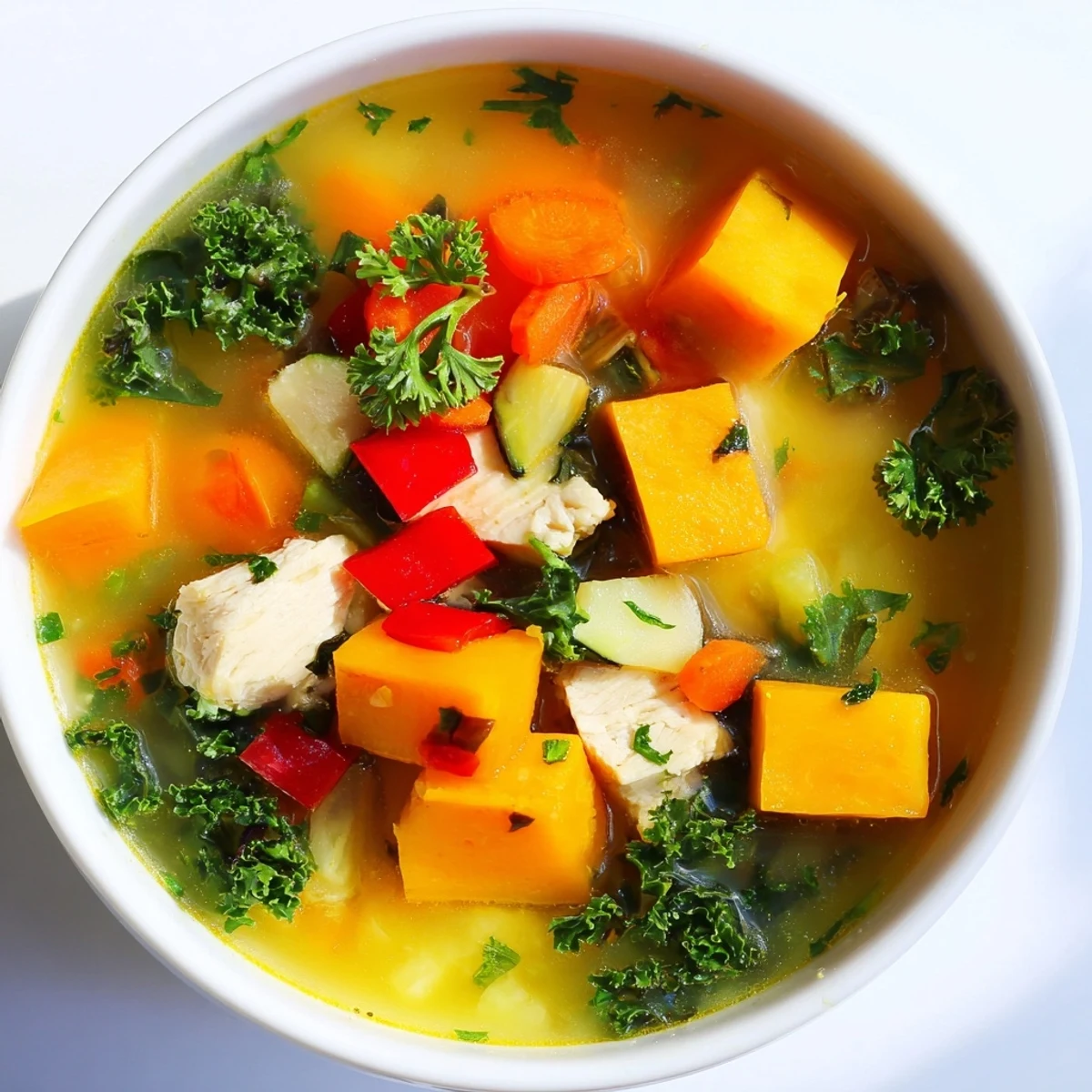 Golden brown chicken and colorful vegetables simmer in a steaming pot of Cozy Evening Paleo Soup.